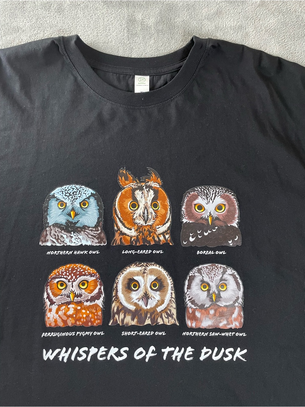 Beakwings Owl Species T Shirt Men’s XL Black Animal Nature Tee NWOT Whispers Of